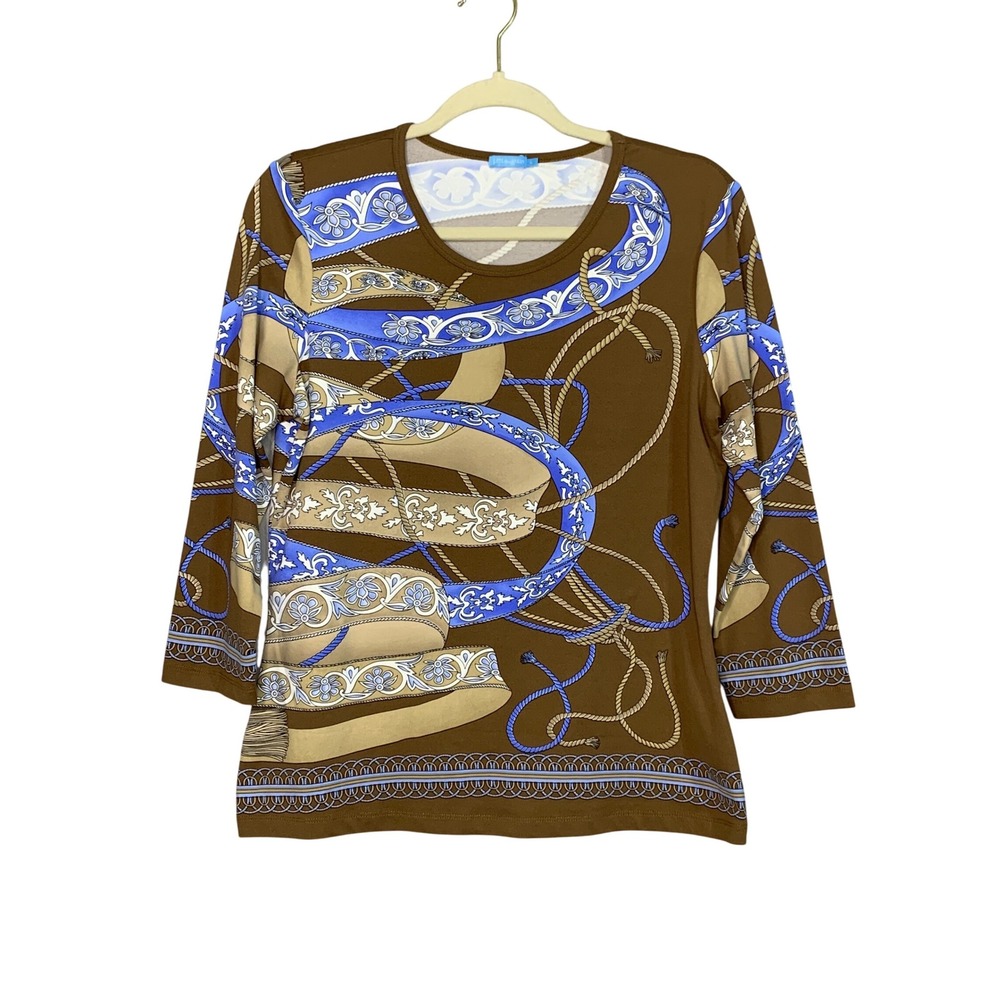 JMcLaughlin Tan Brown Blue Rope Scroll Print 3/4‎ Sleeve Top Women's Size L